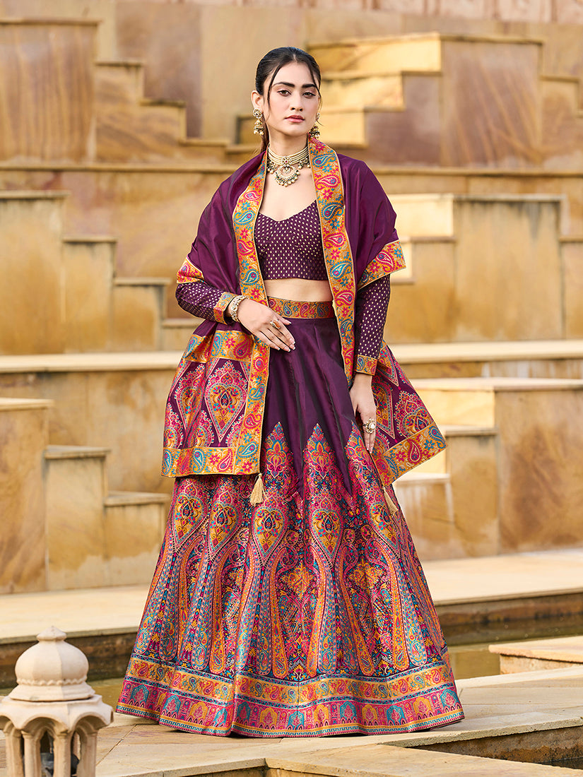 Monjolika Fashion Wine Color Jacquard Designer Work Lehenga Choli For Ceremonial - Distacart
