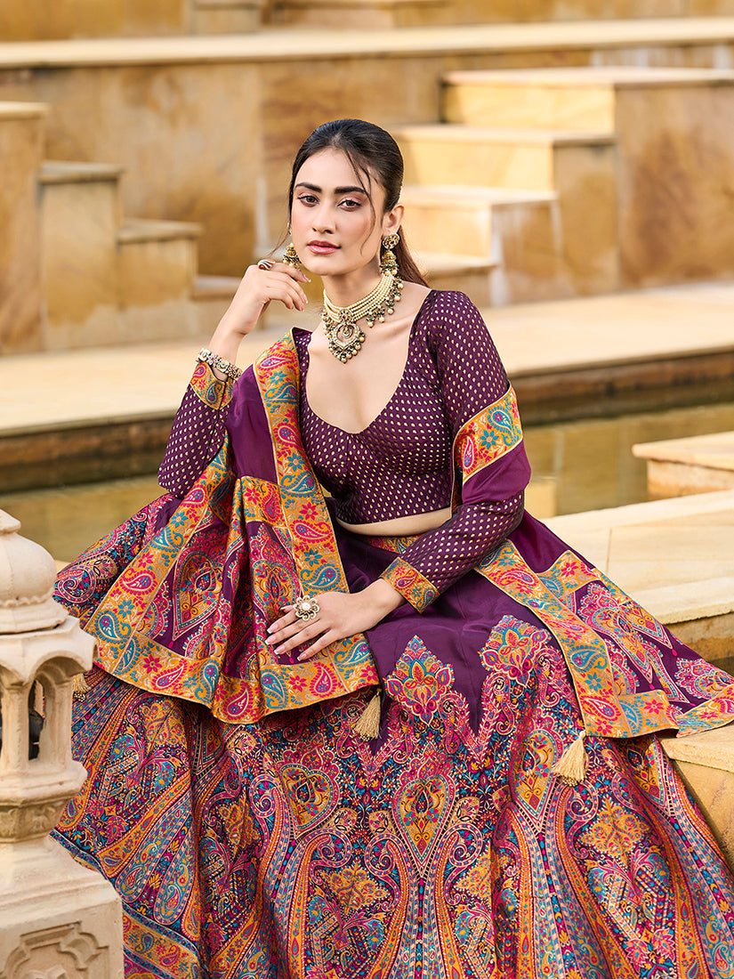 Monjolika Fashion Wine Color Jacquard Designer Work Lehenga Choli For Ceremonial - Distacart
