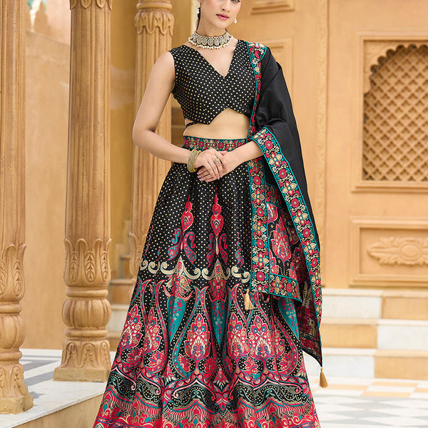 Monjolika Fashion Charming Black Color Jacquard Lehenga Choli With Dupatta