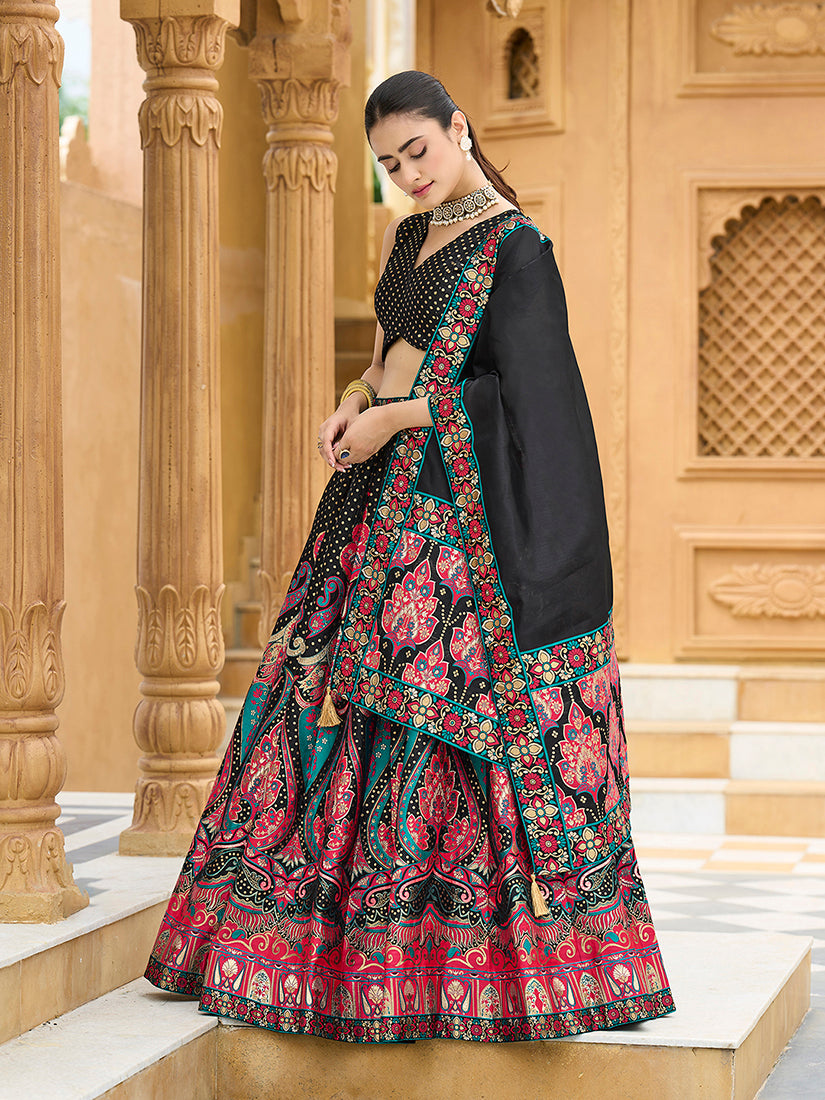 Monjolika Fashion Charming Black Color Jacquard Lehenga Choli With Dupatta