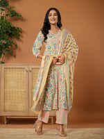Thumbnail for Yufta cotton yellow kurta dupatta set