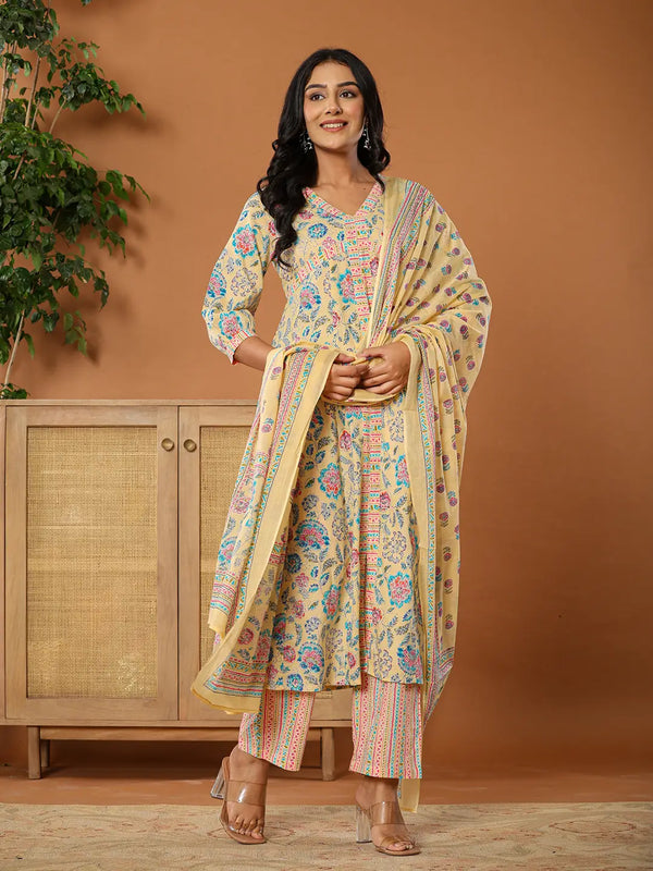 Yufta cotton yellow kurta dupatta set