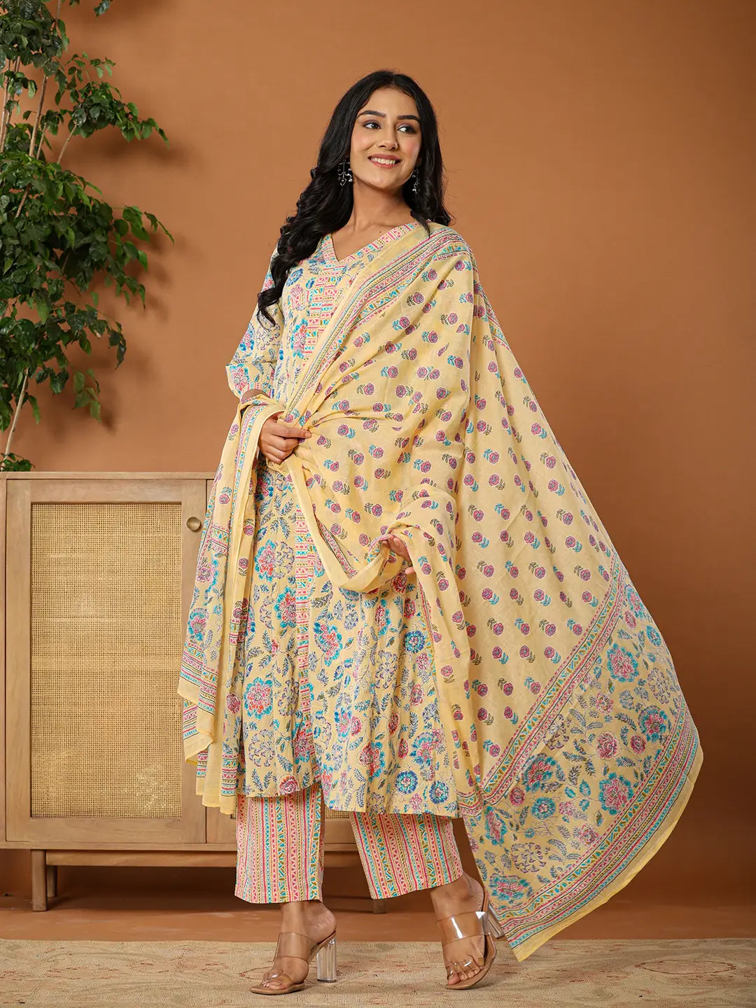 Yufta cotton yellow kurta dupatta set - Distacart