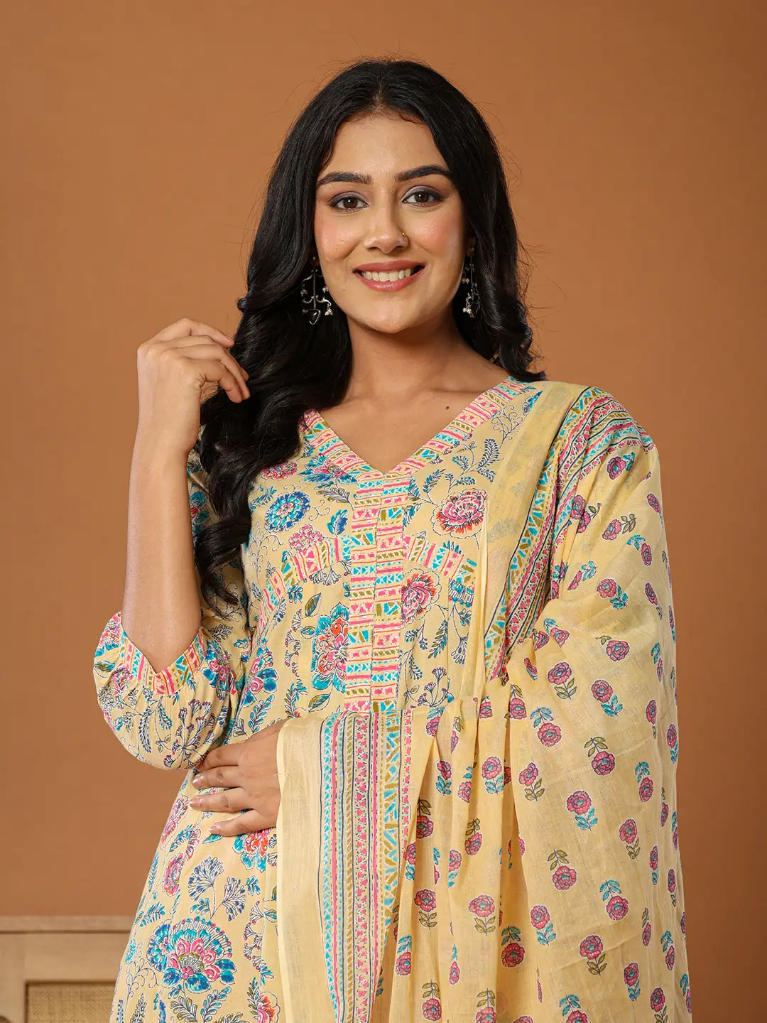 Yufta cotton yellow kurta dupatta set