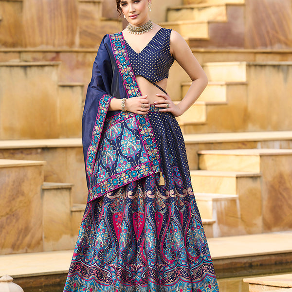 Monjolika Fashion Charming Navy Blue Color Jacquard Lehenga Choli With Dupatta