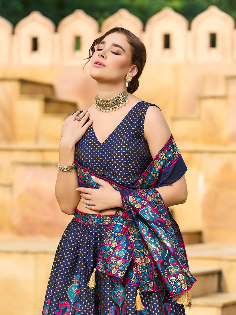 Monjolika Fashion Charming Navy Blue Color Jacquard Lehenga Choli With Dupatta