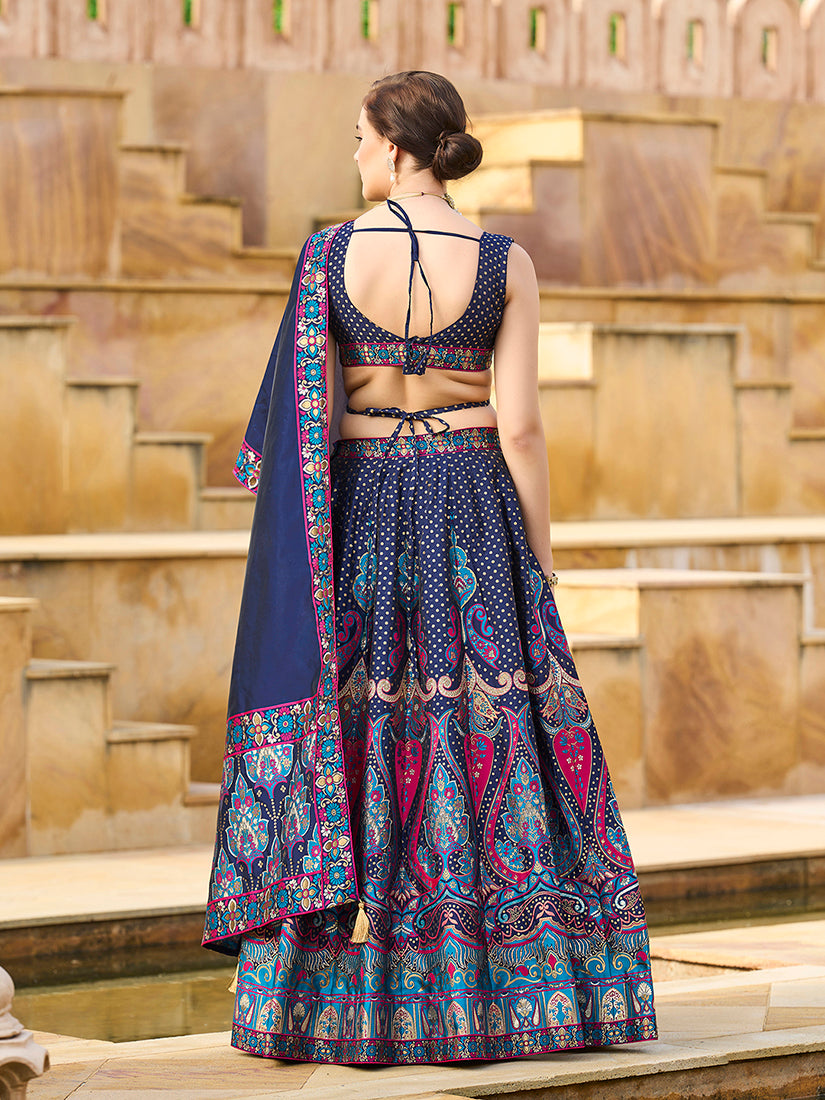 Monjolika Fashion Charming Navy Blue Color Jacquard Lehenga Choli With Dupatta