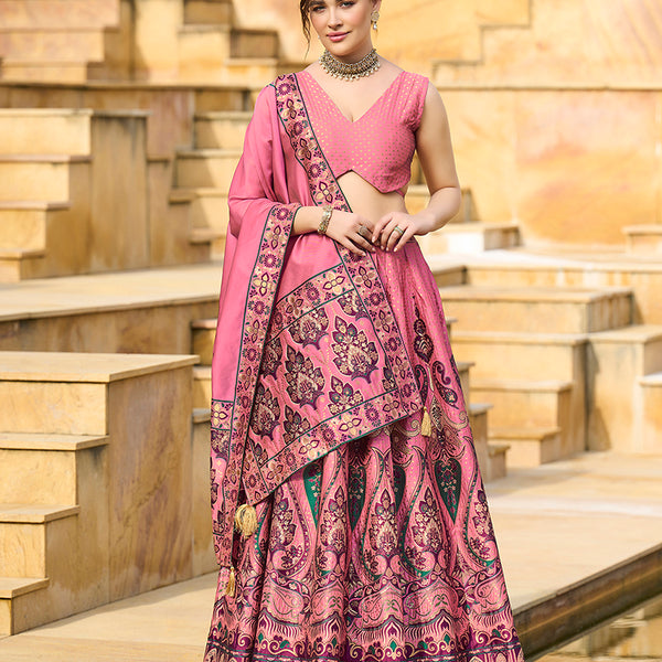 Monjolika Fashion Charming Pink Color Jacquard Lehenga Choli With Dupatta - Distacart