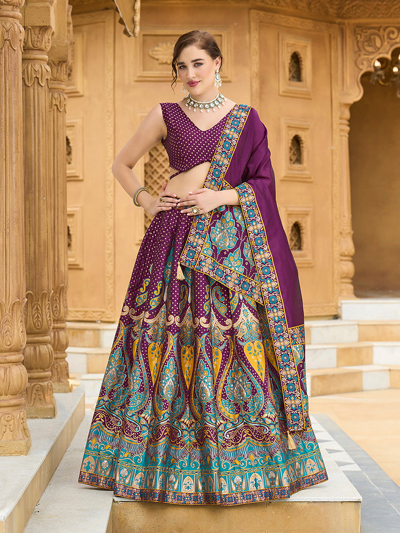 Monjolika Fashion Charming Wine Color Jacquard Lehenga Choli With Dupatta
