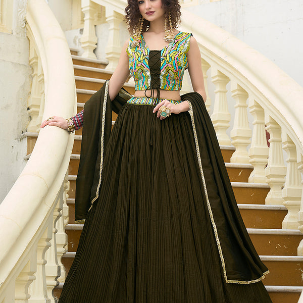 Monjolika Fashion Designer Lehenga Choli Crush Silk In Olive Green