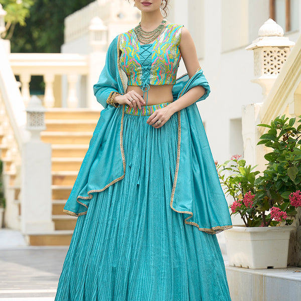 Monjolika Fashion Designer Lehenga Choli Crush Silk In Sky Blue