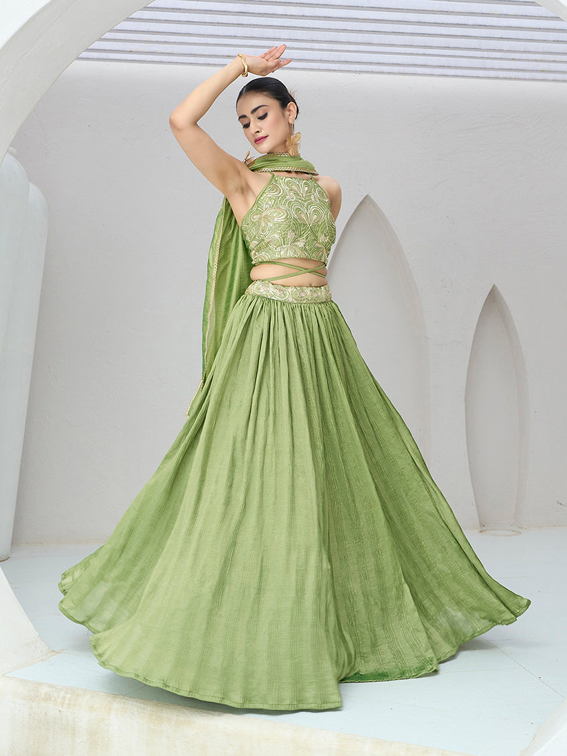 Monjolika Fashion Light Green Festive Look With Silk Crush Lehenga Choli