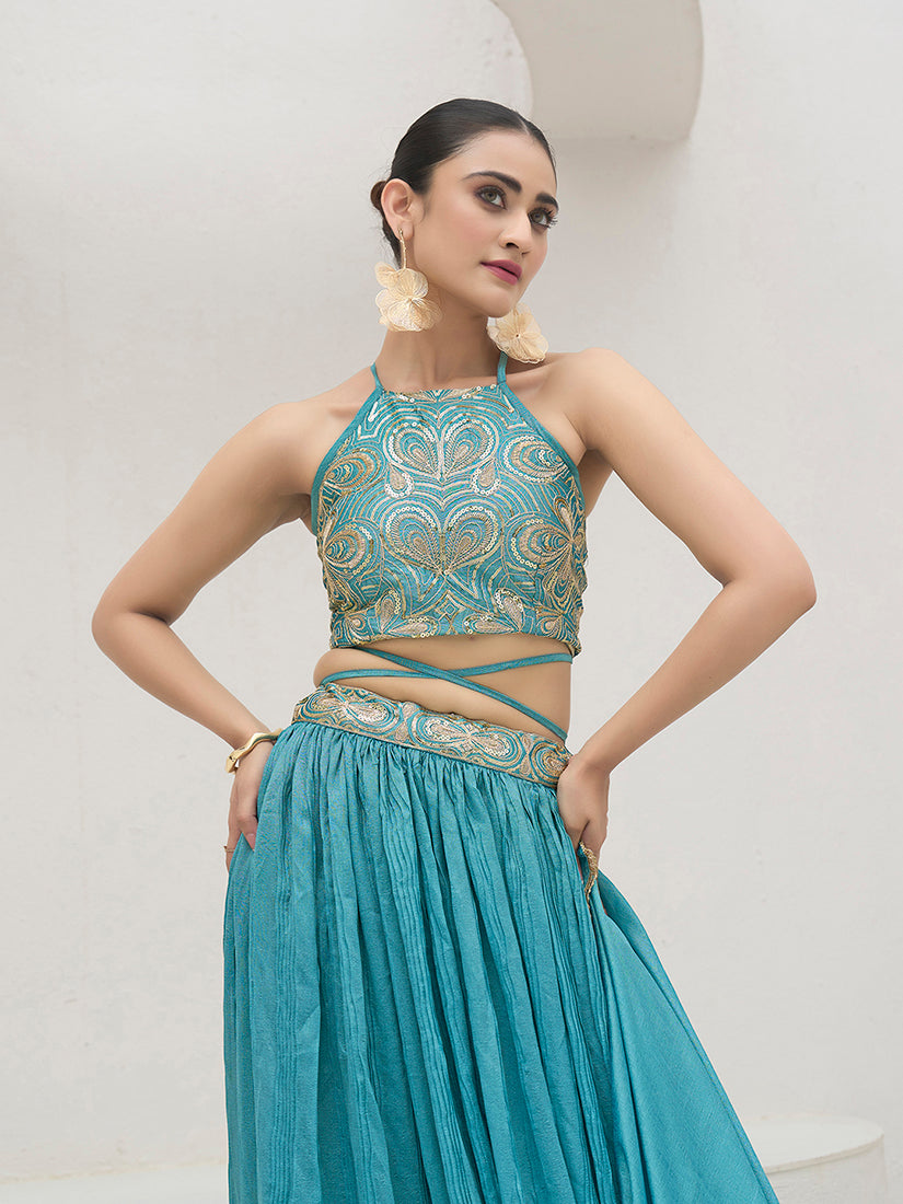 Monjolika Fashion Sky Blue Festive Look With Silk Crush Lehenga Choli