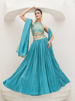 Thumbnail for Monjolika Fashion Sky Blue Festive Look With Silk Crush Lehenga Choli