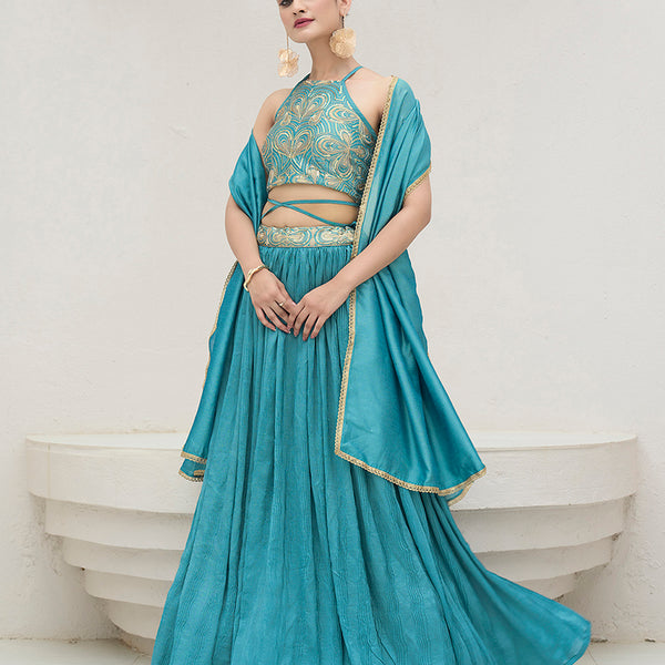 Monjolika Fashion Sky Blue Festive Look With Silk Crush Lehenga Choli