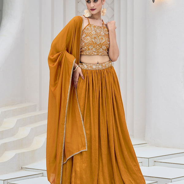 Monjolika Fashion Mustard Festive Look With Silk Crush Lehenga Choli