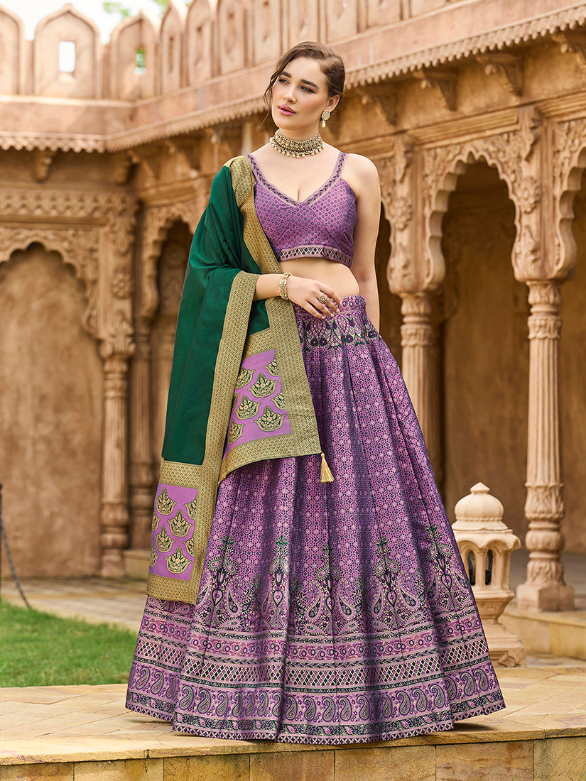 Monjolika Fashion Purple Kanjivaram Silk Jacquard Woven Trendy Lehenga Choli