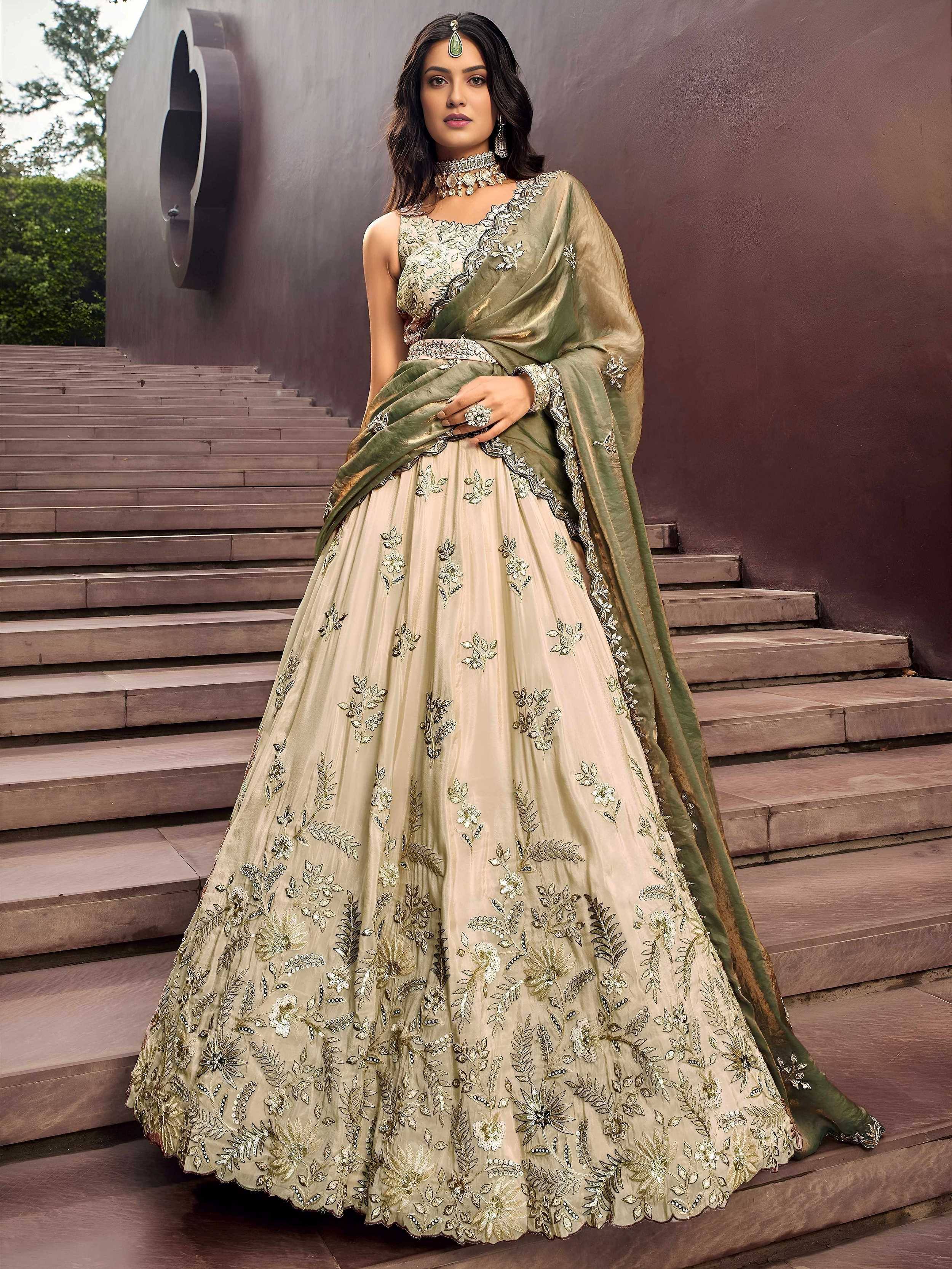 Tulsi Art Precious Soft Beige Embroidered Silk Wedding Wear Lehenga Choli - Dista