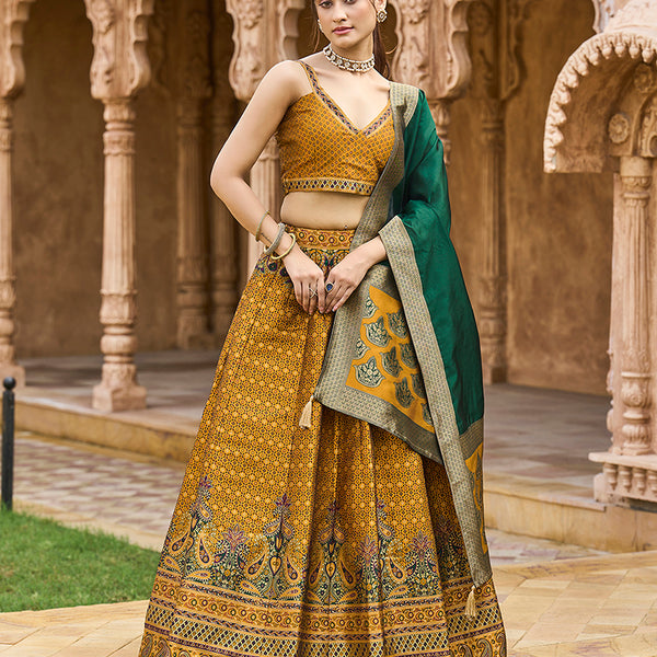 Monjolika Fashion Yellow Kanjivaram Silk Jacquard Woven Trendy Lehenga Choli - Distacart