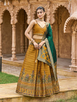 Thumbnail for Monjolika Fashion Yellow Kanjivaram Silk Jacquard Woven Trendy Lehenga Choli - Distacart