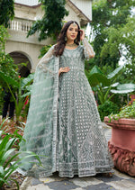 Thumbnail for Monjolika Fashion Sea Green Embroidered Net Designer Anarkali Gown - Distacart