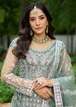 Thumbnail for Monjolika Fashion Sea Green Embroidered Net Designer Anarkali Gown - Distacart