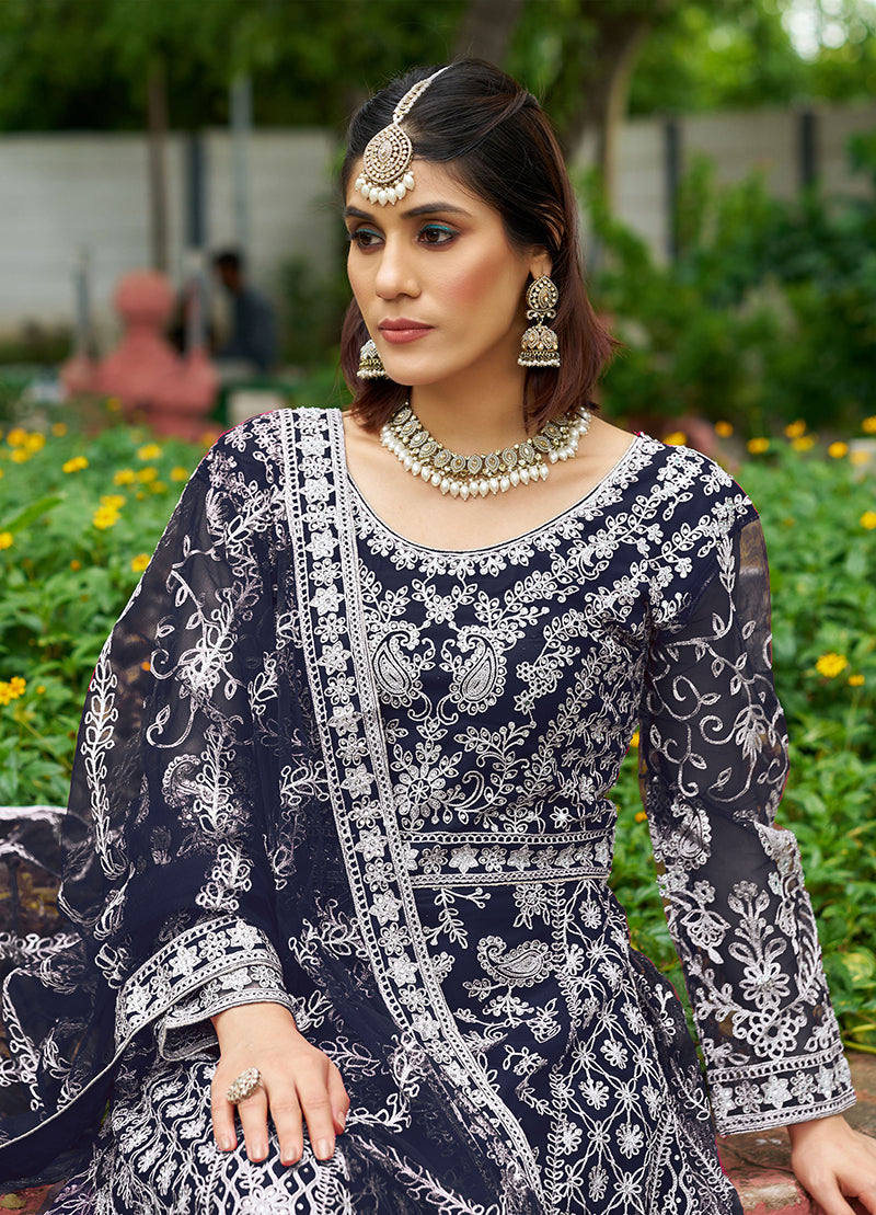 Monjolika Fashion Navy Blue Embroidered Net Designer Anarkali Gown