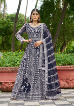 Thumbnail for Monjolika Fashion Navy Blue Embroidered Net Designer Anarkali Gown