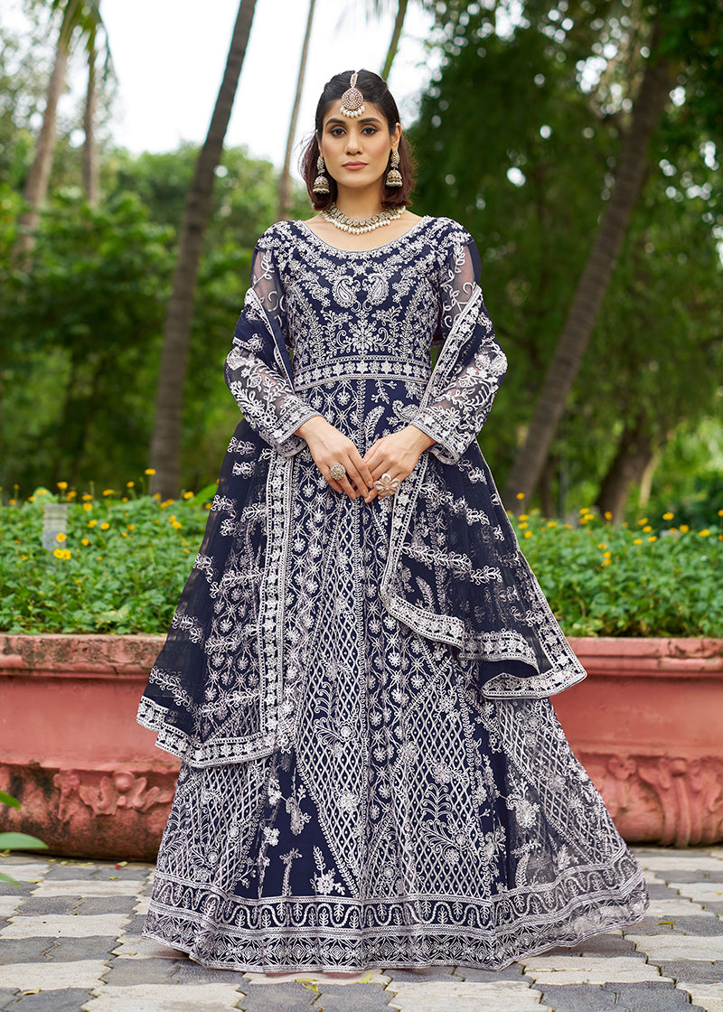 Monjolika Fashion Navy Blue Embroidered Net Designer Anarkali Gown - Distacart