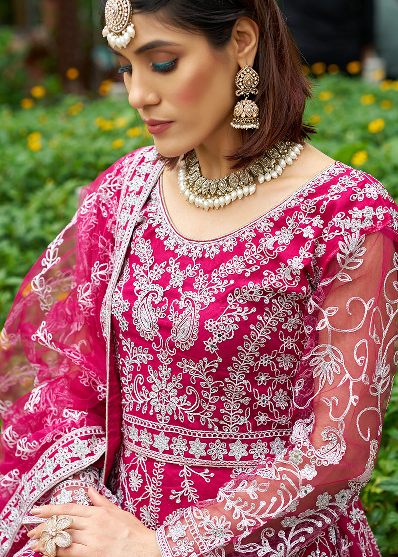 Monjolika Fashion Rani Pink Embroidered Net Designer Anarkali Gown