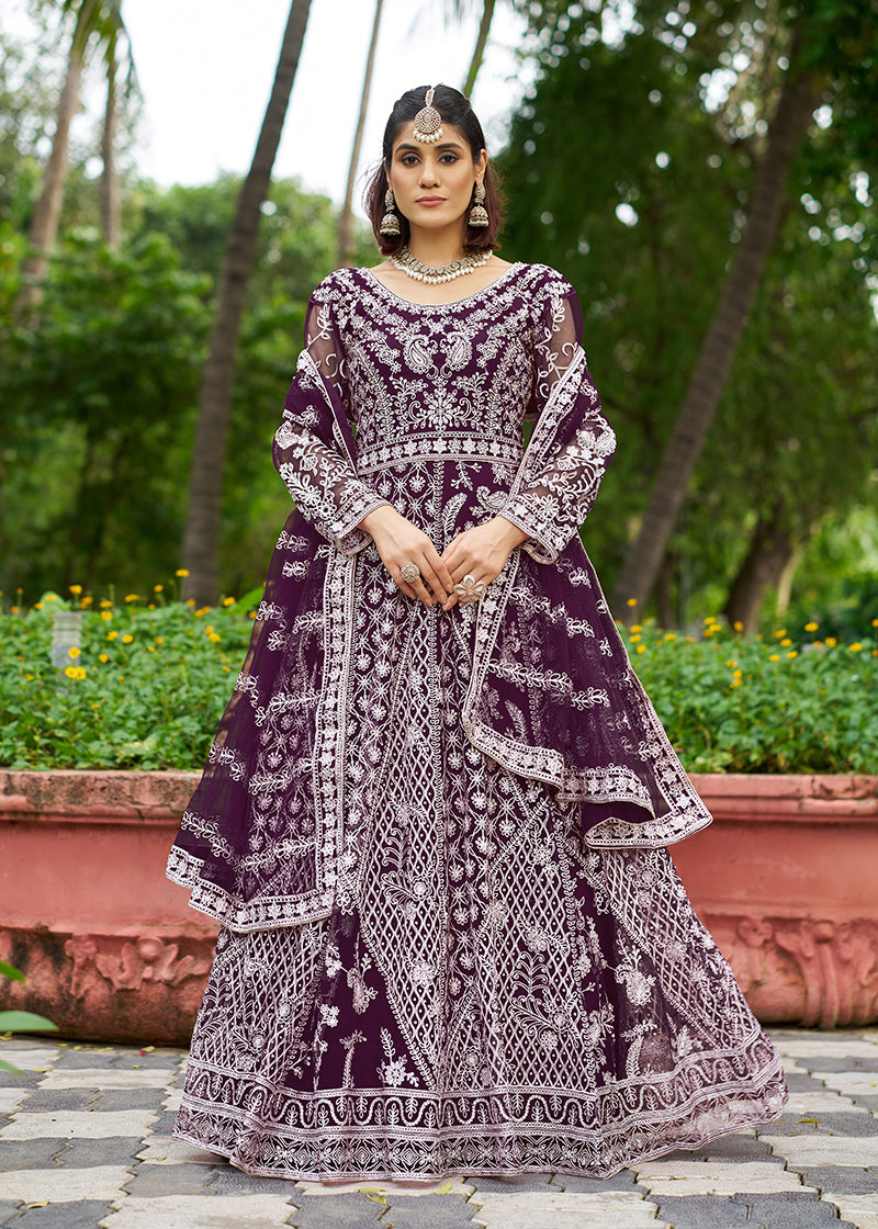 Monjolika Fashion Dark Purple Embroidered Net Designer Anarkali Gown - Distacart