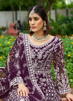 Thumbnail for Monjolika Fashion Dark Purple Embroidered Net Designer Anarkali Gown - Distacart