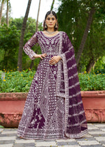Thumbnail for Monjolika Fashion Dark Purple Embroidered Net Designer Anarkali Gown - Distacart