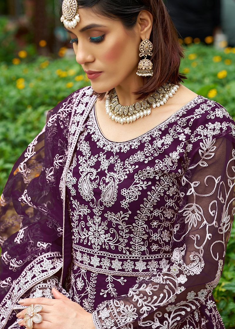 Monjolika Fashion Dark Purple Embroidered Net Designer Anarkali Gown - Distacart