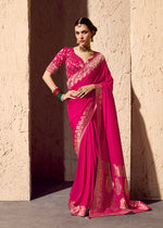 Thumbnail for Monjolika Fashion Rani Pink Crepe Georgette Zari Weaving Work Saree - Distacart