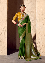 Thumbnail for Monjolika Fashion Green Crepe Georgette Zari Weaving Work Saree - Distacart