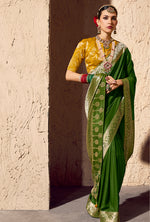 Thumbnail for Monjolika Fashion Green Crepe Georgette Zari Weaving Work Saree - Distacart