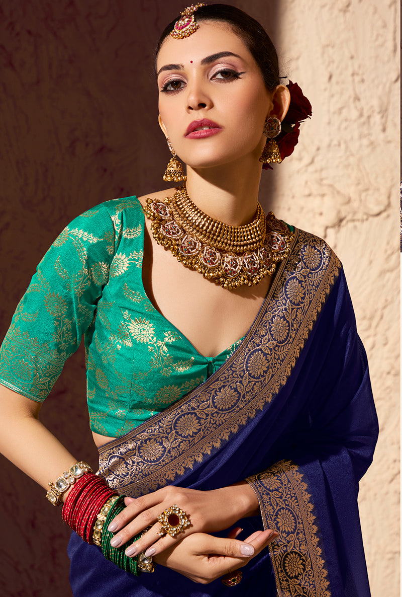 Monjolika Fashion Navy Blue Crepe Georgette Zari Weaving Work Saree - Distacart