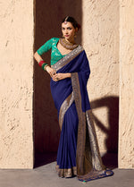 Thumbnail for Monjolika Fashion Navy Blue Crepe Georgette Zari Weaving Work Saree - Distacart