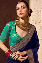 Thumbnail for Monjolika Fashion Navy Blue Crepe Georgette Zari Weaving Work Saree - Distacart