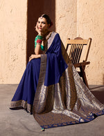 Thumbnail for Monjolika Fashion Navy Blue Crepe Georgette Zari Weaving Work Saree - Distacart
