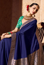 Thumbnail for Monjolika Fashion Navy Blue Crepe Georgette Zari Weaving Work Saree - Distacart