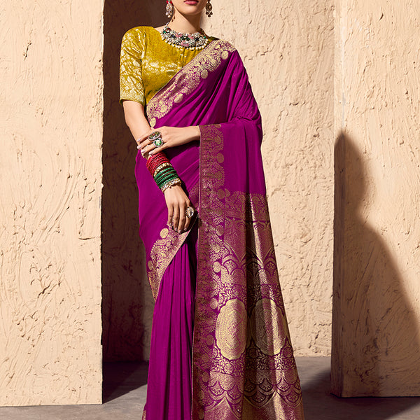 Monjolika Fashion Dark Magenta Crepe Georgette Zari Weaving Work Saree - Distacart
