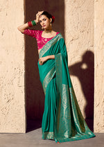 Thumbnail for Monjolika Fashion Teal Crepe Georgette Zari Weaving Work Saree - Distacart