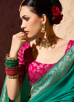 Thumbnail for Monjolika Fashion Teal Crepe Georgette Zari Weaving Work Saree - Distacart