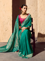 Thumbnail for Monjolika Fashion Teal Crepe Georgette Zari Weaving Work Saree - Distacart