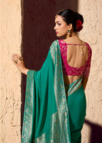 Thumbnail for Monjolika Fashion Teal Crepe Georgette Zari Weaving Work Saree - Distacart
