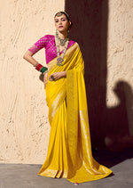 Thumbnail for Monjolika Fashion Yellow Crepe Georgette Zari Weaving Work Saree - Distacart