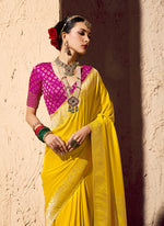 Thumbnail for Monjolika Fashion Yellow Crepe Georgette Zari Weaving Work Saree - Distacart