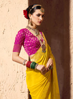 Thumbnail for Monjolika Fashion Yellow Crepe Georgette Zari Weaving Work Saree - Distacart